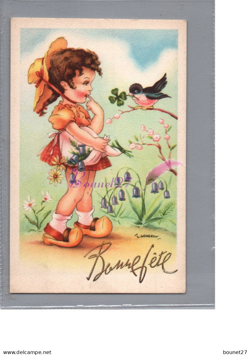 CPA - Illustration Signé GOUGEON Une Jolie Petite Fille Avec Un Oiseau Sur La Branche Fleur Bleue Clochette - Gougeon