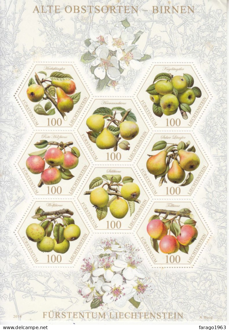 2016 Liechtenstein Fruits Pears Apples Pommes S/sheet MNH@BELOW FV* Small Staining To Top Edge & Crease Top Right Corner - Ungebraucht