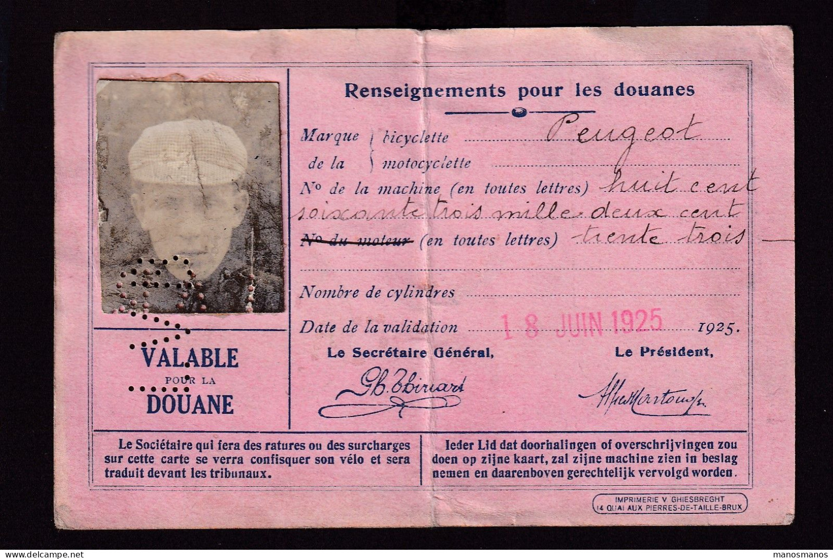 DDFF 998 -- BELGIQUE VELO - Carte De Douane 1925 "Ligue Vélocipédique Belge" - Vélo Peugeot, Deguitte à TRAZEGNIES - Cycling