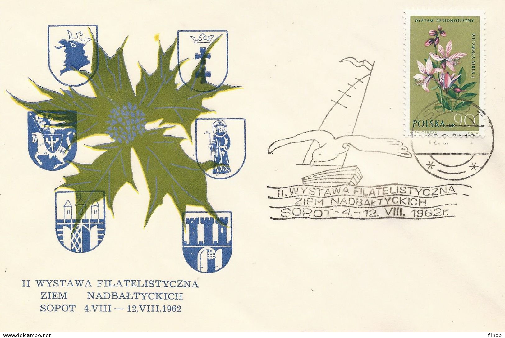 Poland Postmark D62.08.12 SOPOT: Philatelic Exhibition Bird Yacht Crest (analogous) - Enteros Postales