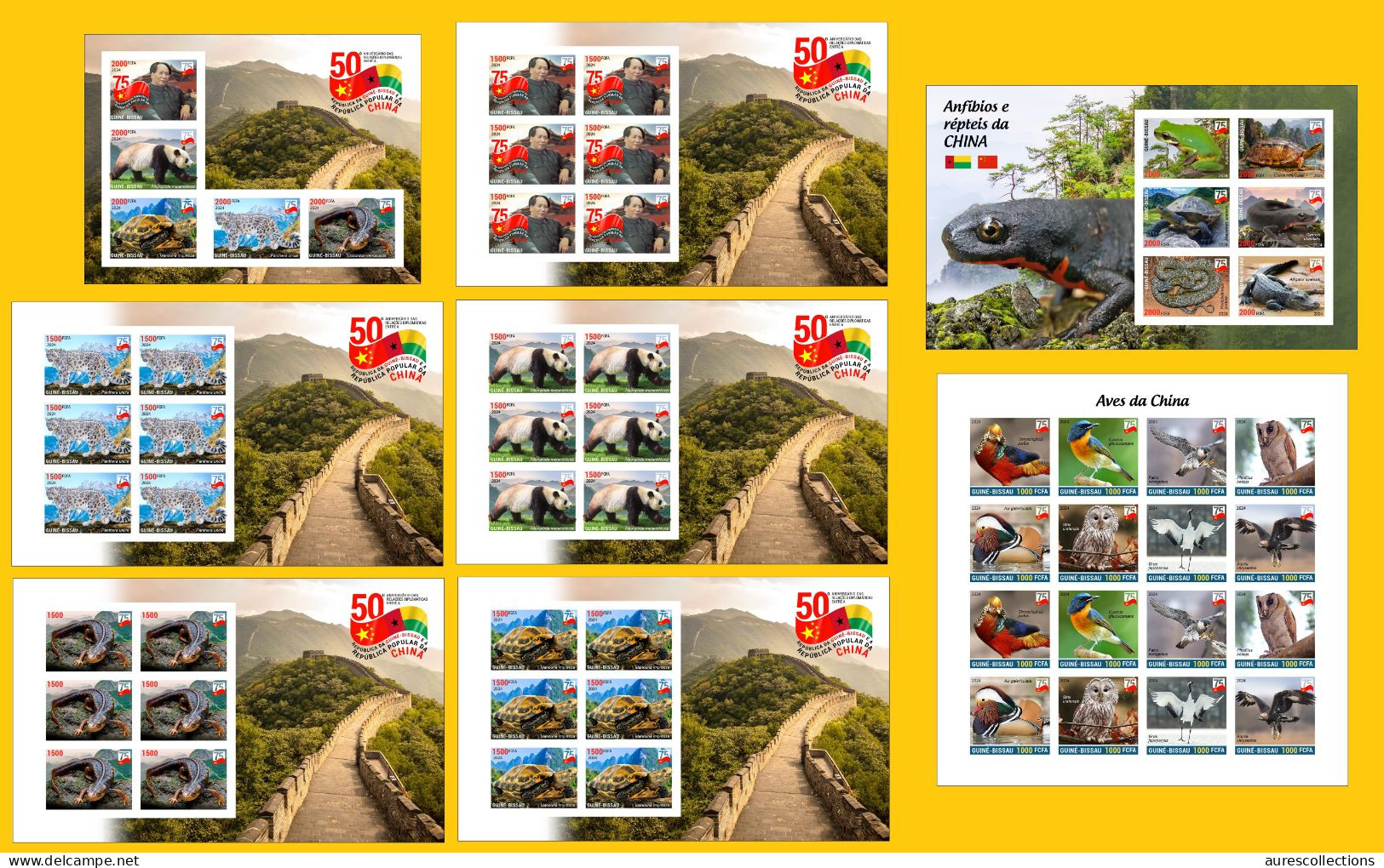 GUINEA BISSAU 2024 FULL PACK OF 8 IMPERF M/S - CHINA 75 ANNIVERSARY - MAO ZEDONG & AMPHIBIANS & REPTILES & BIRDS - MNH - Ranas