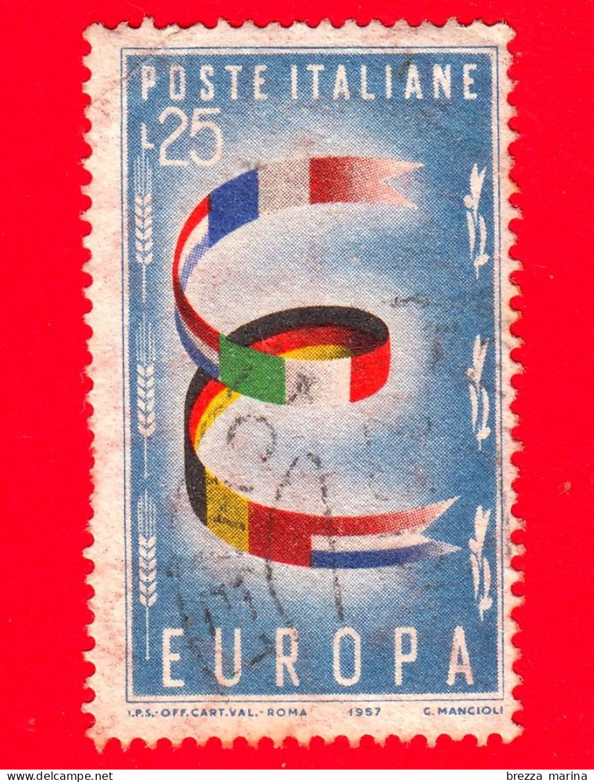 ITALIA - Usato - 1957 - Europa - 2ª Emissione - Lettera E Formata Dalle Bandiere Degli Stati Della Comunità Euro - 25 L - 1946-60: Gebraucht