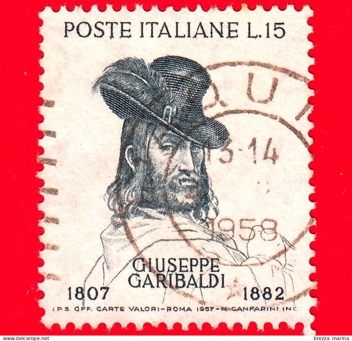 ITALIA - Usato - 1957 - Giuseppe Garibaldi ,  Ritratto - 15 L. - 1946-60: Oblitérés