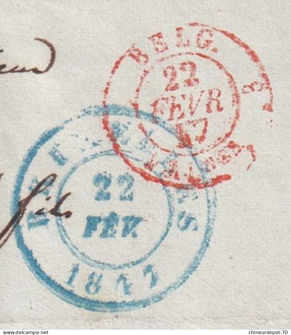 Préphilatélie B.3.R Encadrée Bruxelles 22 Fevr 1847 En Bleu & Cachet De Passage Confédération Suisse Consulat Bruxelles - ...-1845 Prefilatelia