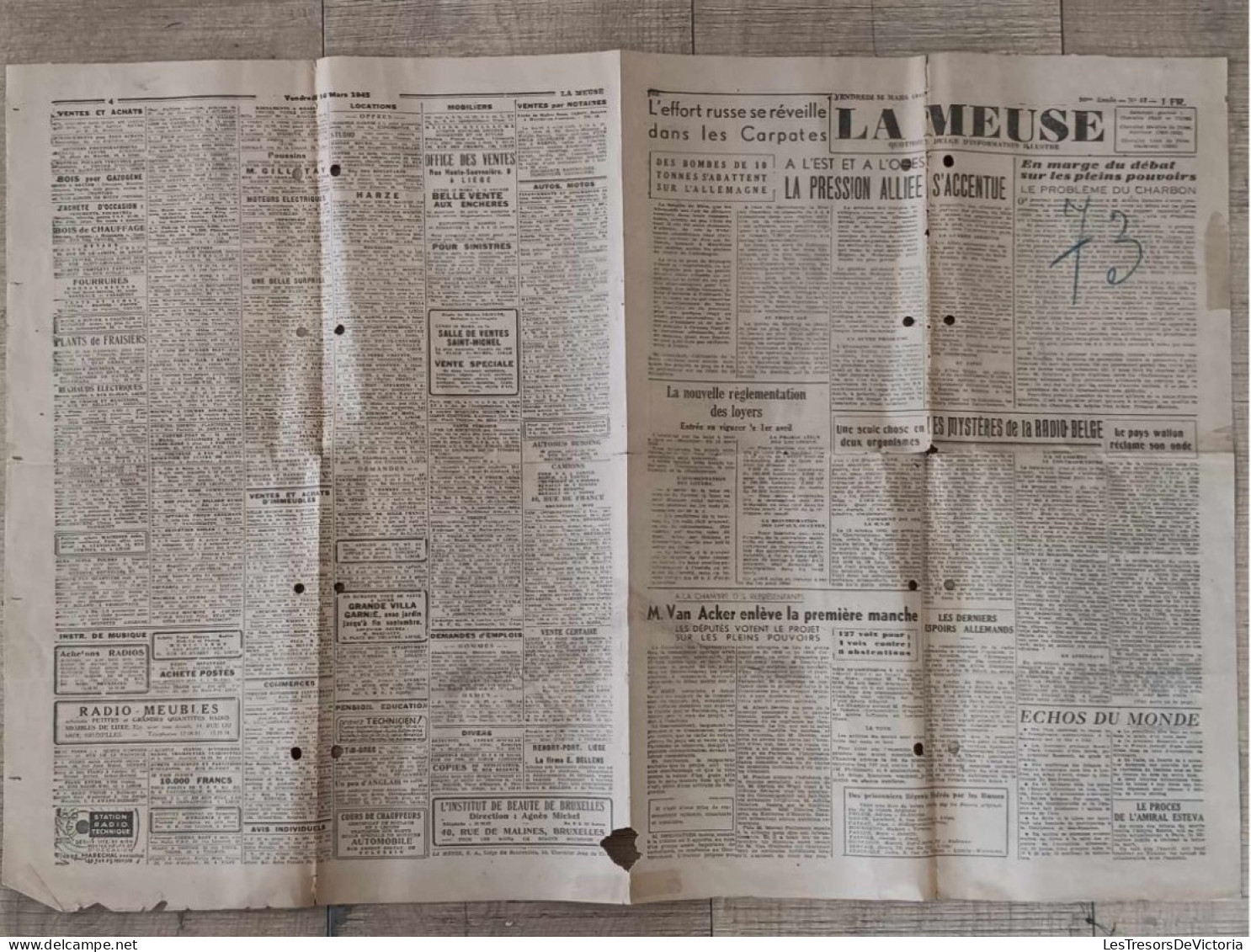 Belgique - La Meuse - Quotidien Belge D'information Illustrée - Journal Du Vendredi 16 Mars 1945 - Other & Unclassified