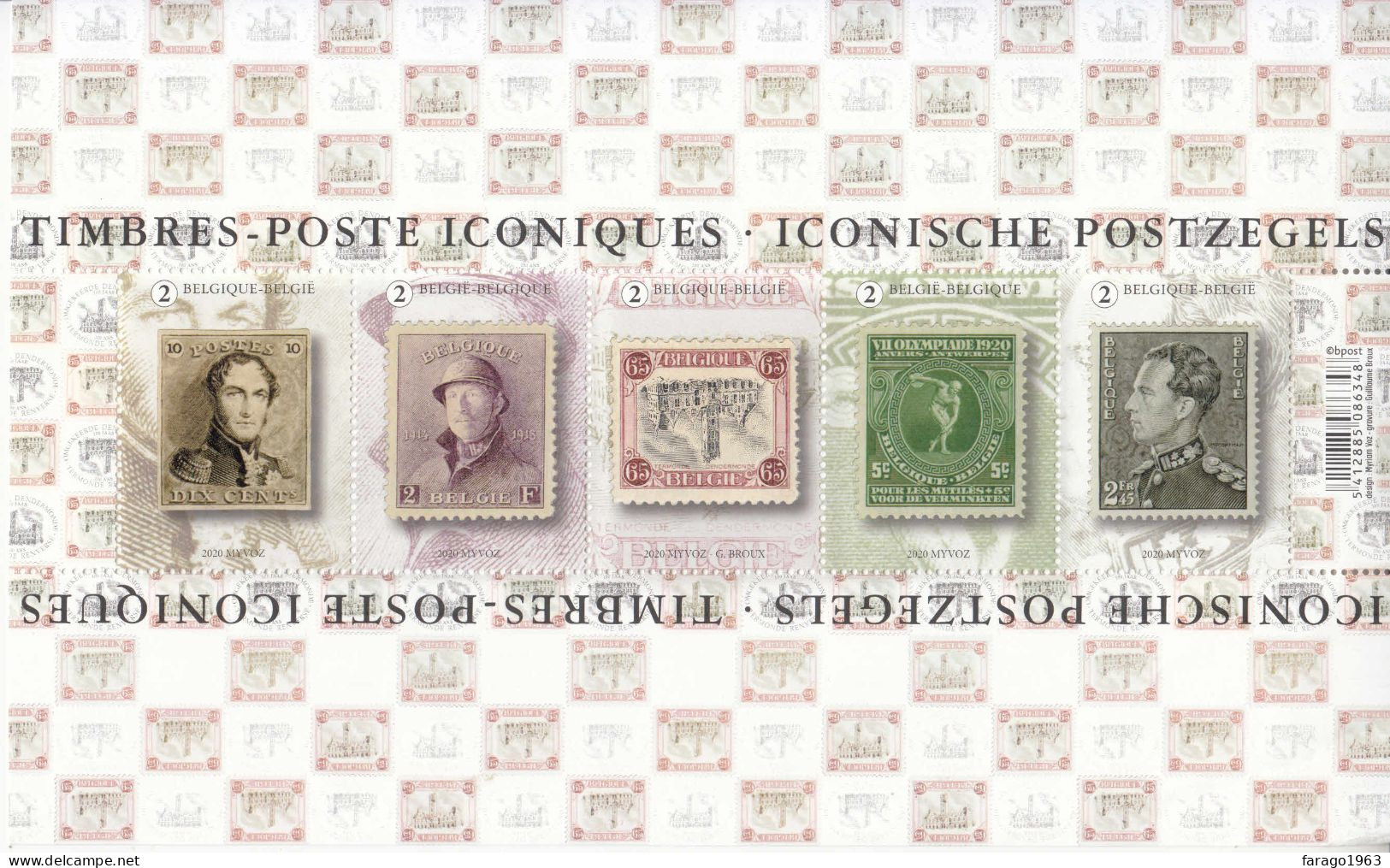 2020 Belgium Iconic Stamps On Stamps Miniature Sheet Of 5 MNH @ BELOW FV *crease Bottom Right Corner Stamps OK* - Neufs