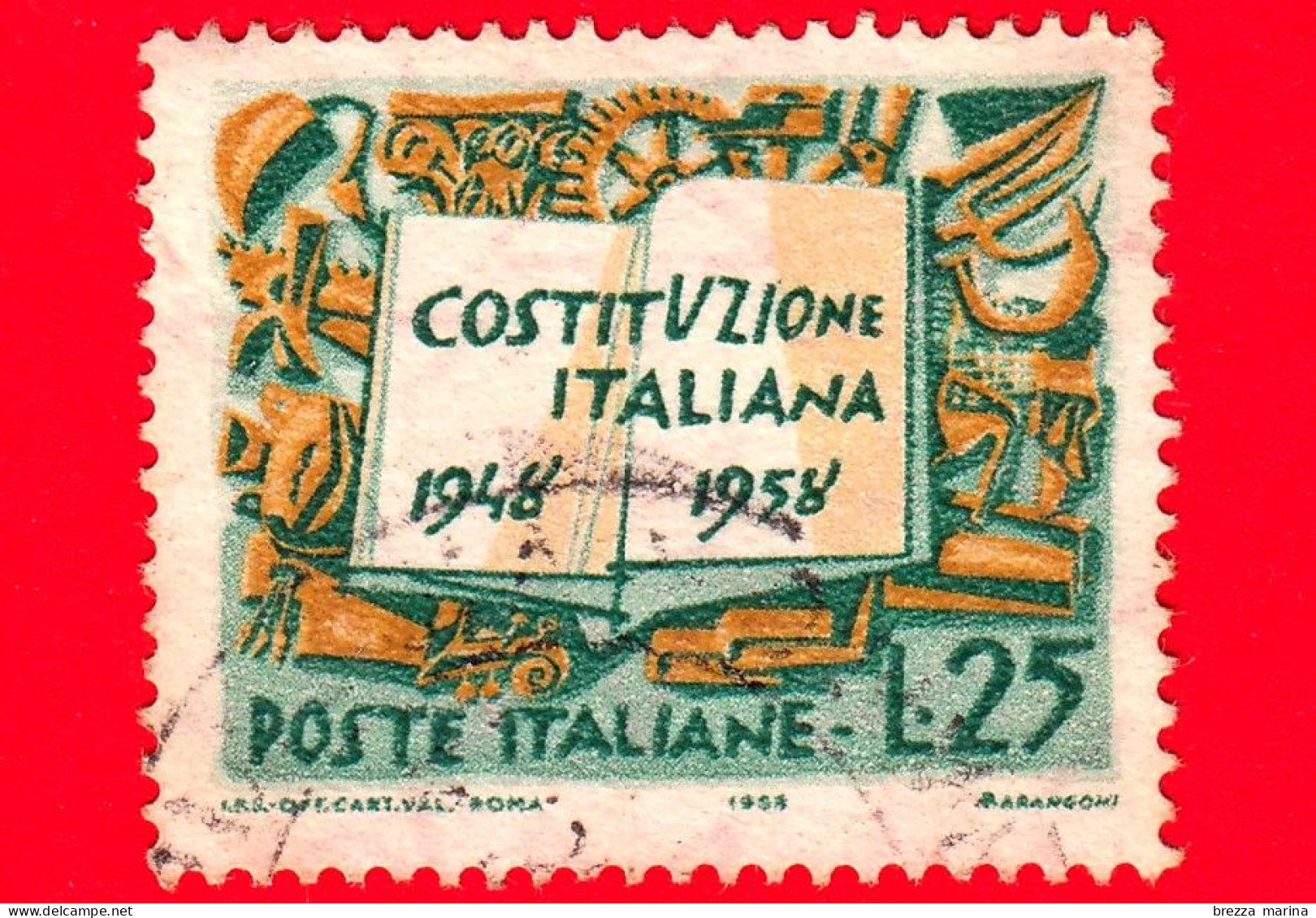 ITALIA - Usato - 1958 - Decennale Della Costituzione Italiana - Costituzione Italiana E Simboli Del Lavoro - 25 - 1946-60: Usati