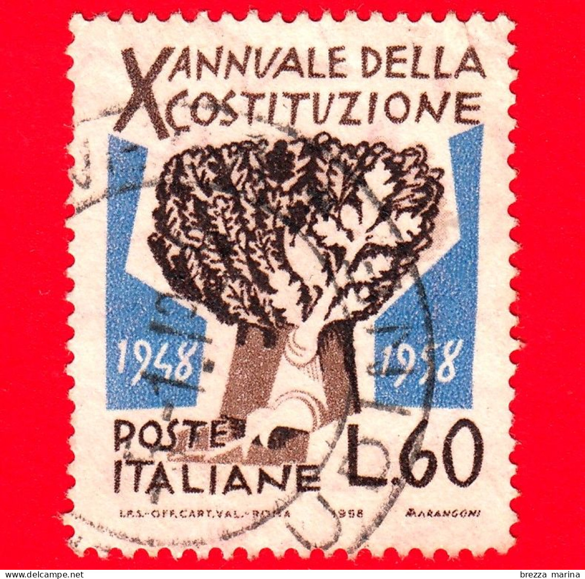 ITALIA - Usato - 1958 - Decennale Della Costituzione Italiana - Quercia - 60 - 1946-60: Usati