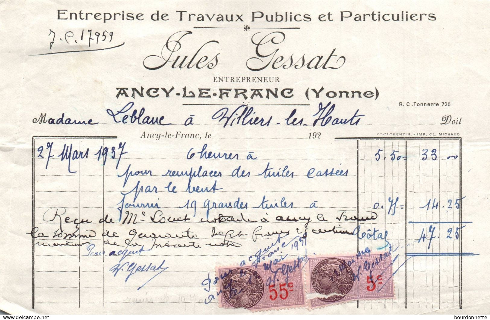 TIMBRES FISCAUX Sur Documents Entreprise De Travaux Publics JULES GESSAT A ANCY LE FRANC (yonne) Villiers Les Hauts - Storia Postale