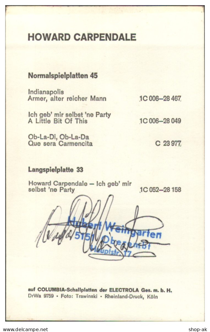 V6123/ Howard Carpendale  Autogramm Autogrammkarte 60er Jahre - Autogramme