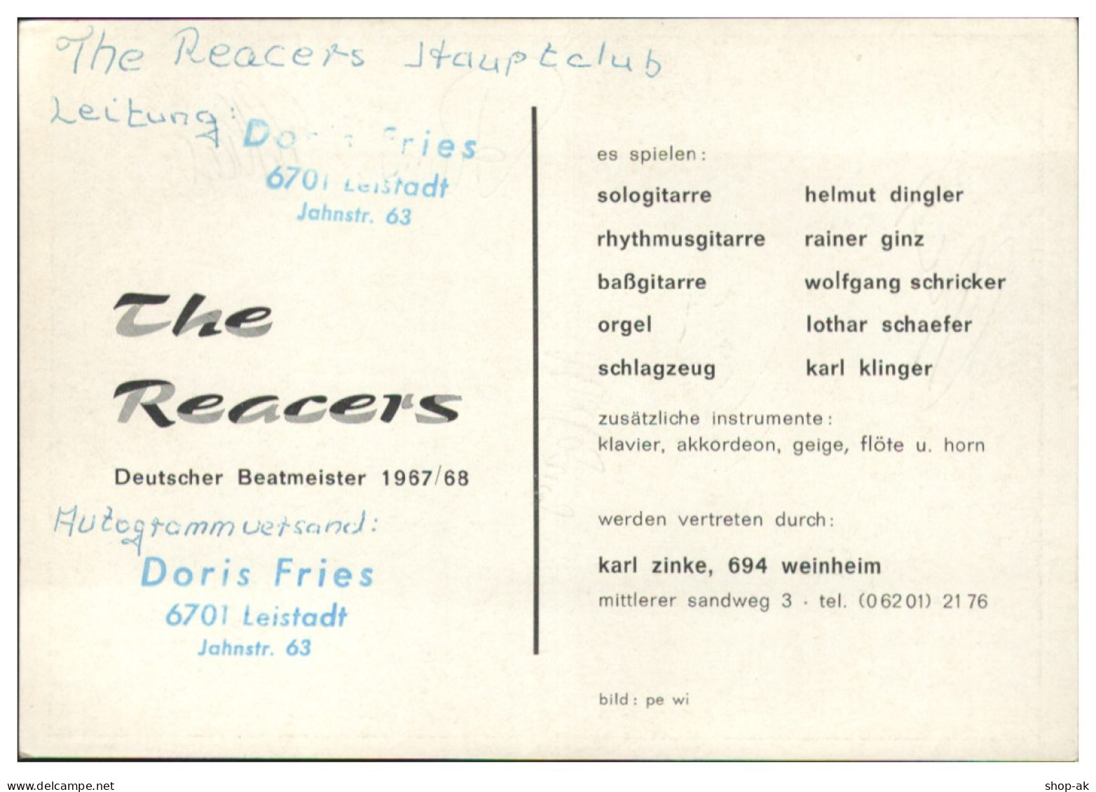 V6114/ The Reacers Deutscher Beatmeister 1967/68  Autogramme Autogrammkarte  - Cantanti E Musicisti