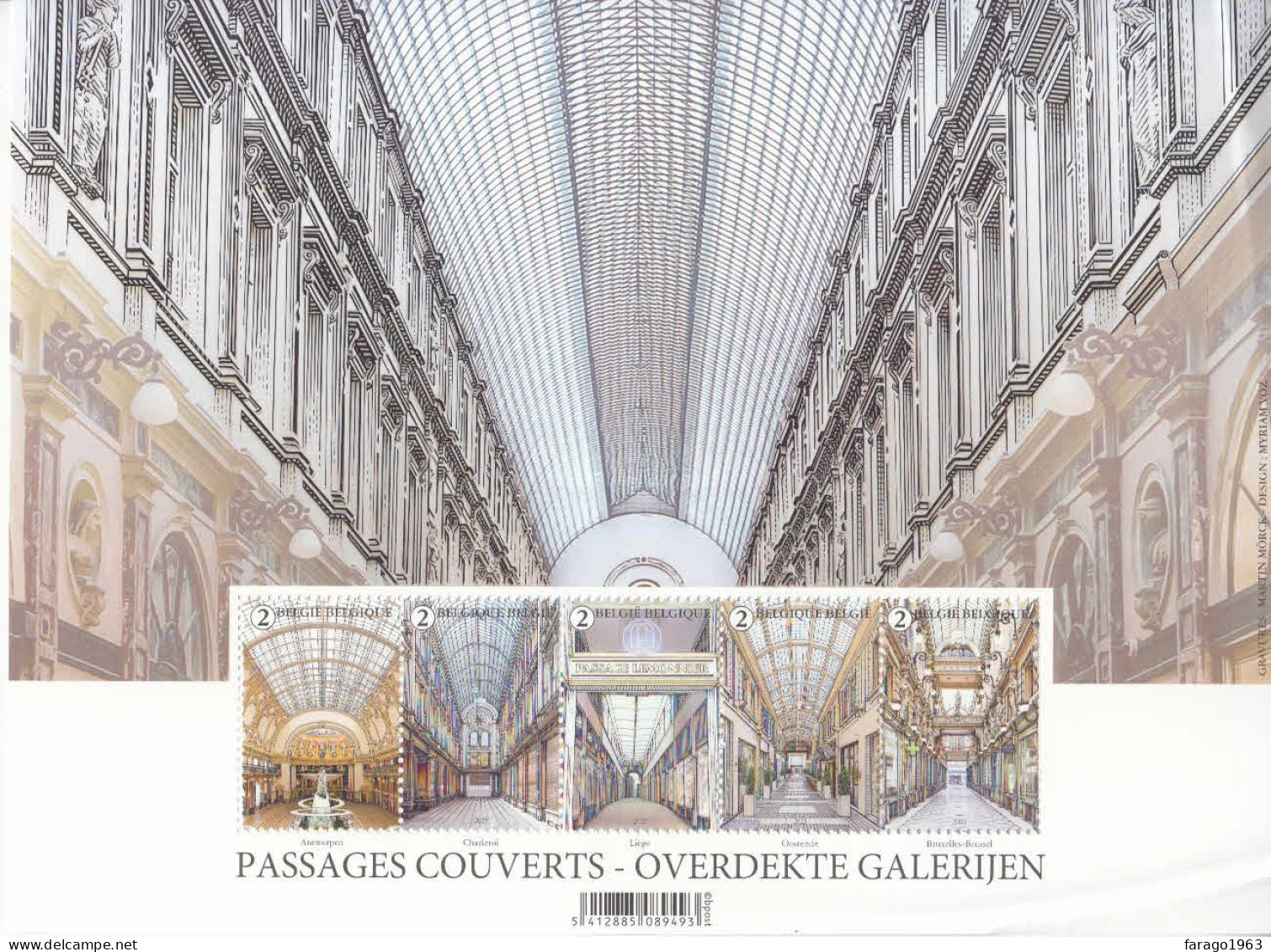 2023 Belgium Passages Couverts Architecture M/sheet Of 5 MNH @ BELOW FV*right Edge & Bottom Corner Small Bangs StampsOK* - Neufs