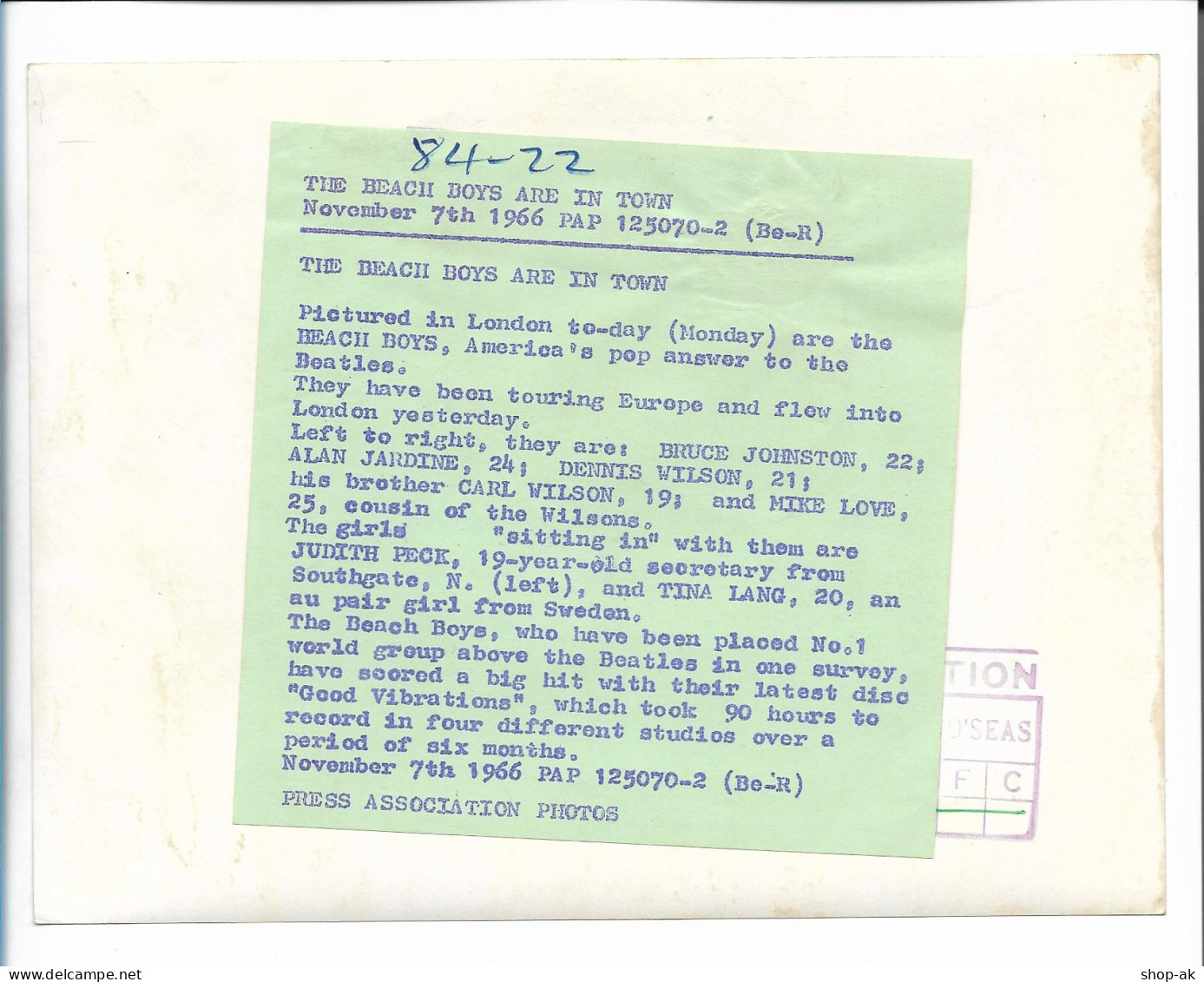 C5966/ Beach Boys In London Original Pressefoto Foto 20,5 X 15 Cm 1966 - Andere & Zonder Classificatie