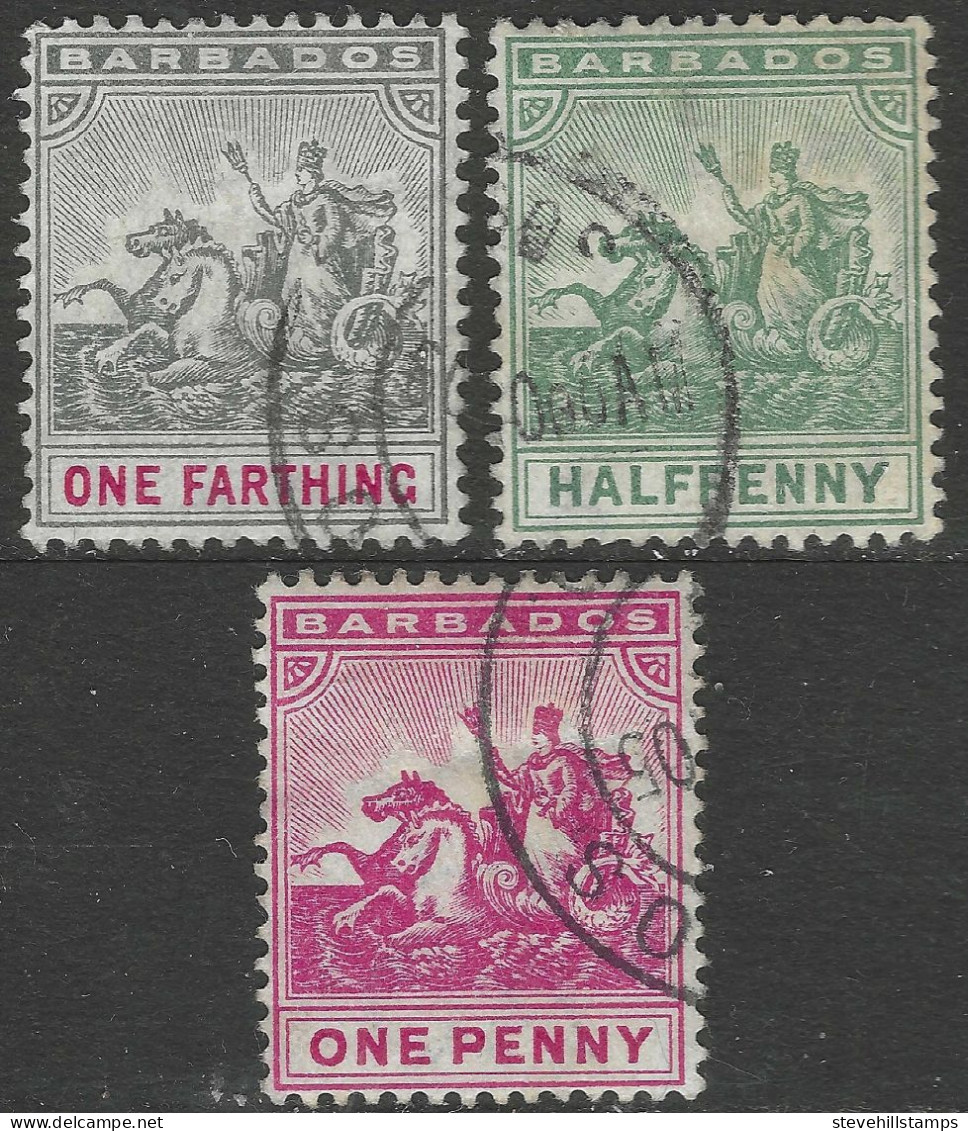 Barbados. 1905 Seal Of Colony. ¼d, ½d, 1d Used. Mult Crown CA W/M. SG 135, 136, 137. M4072 - Barbados (...-1966)