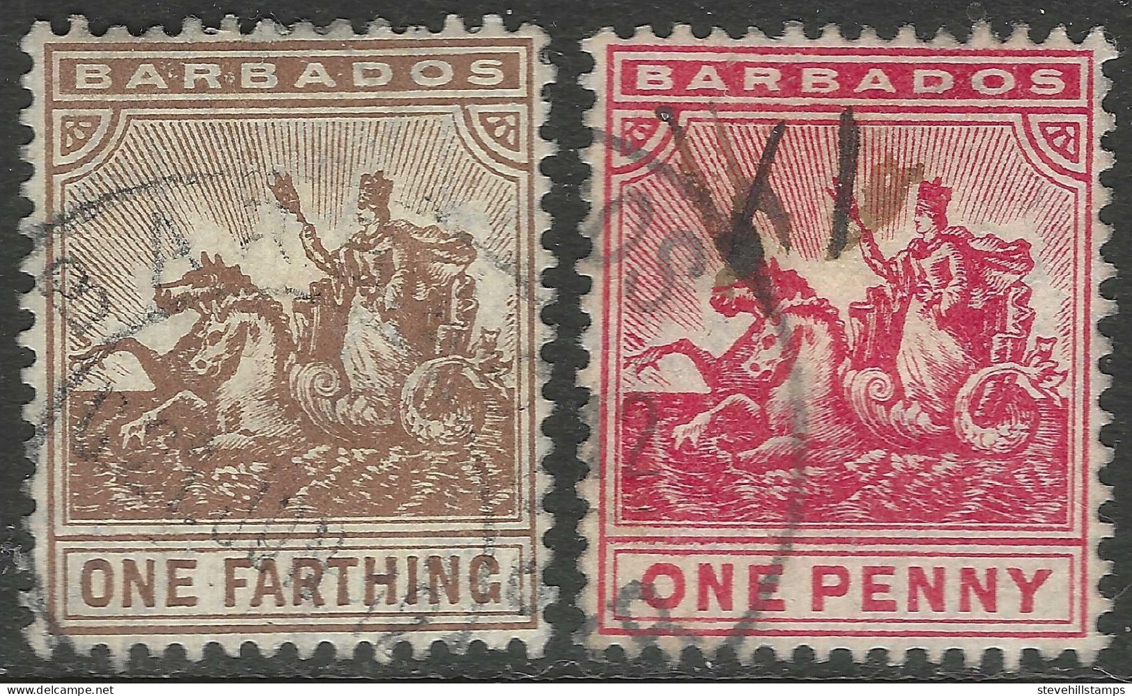 Barbados. 1909-10 Seal Of Colony. ¼d, 1d Used. Mult Crown CA W/M SG 163, 165. M4073 - Barbades (...-1966)