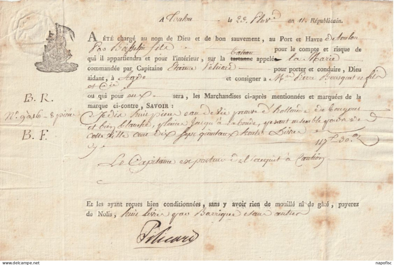 Connaissement P.Boisselin  Navire La Marie  Capitaine Pelicard..Toulon.. 23 Pluviose An 11 (1803) - Transportmiddelen