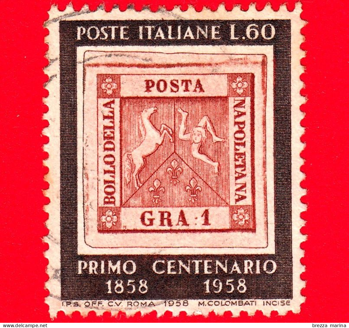 ITALIA - Usato - 1958 - Centenario Del Primo Francobollo Del Regno Di Napoli - Francobollo Da 1 Grano - 60 L. - 1946-60: Gebraucht