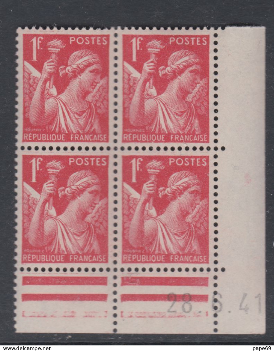 France N° 433 XX Type Iris  1 F. Rouge En Bloc De 4 Coin Daté Du  28 .6 . 41 , Sans Point Blanc Sans Charnière, TB - 1940-1949
