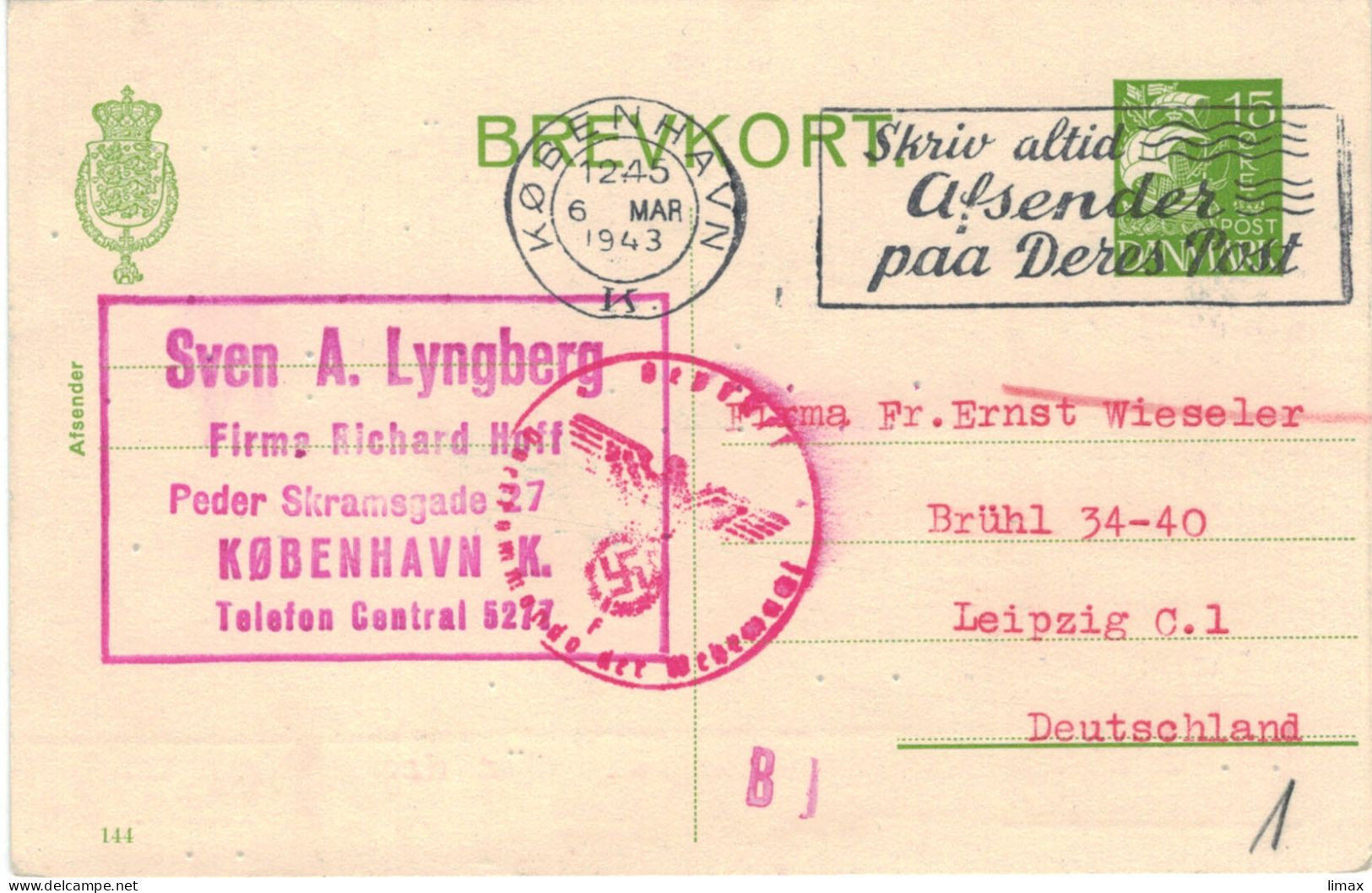 Sven Lyngberg Kopenhagen 1943 > Wieseler Leipzig - Zensur OKW - Enteros Postales