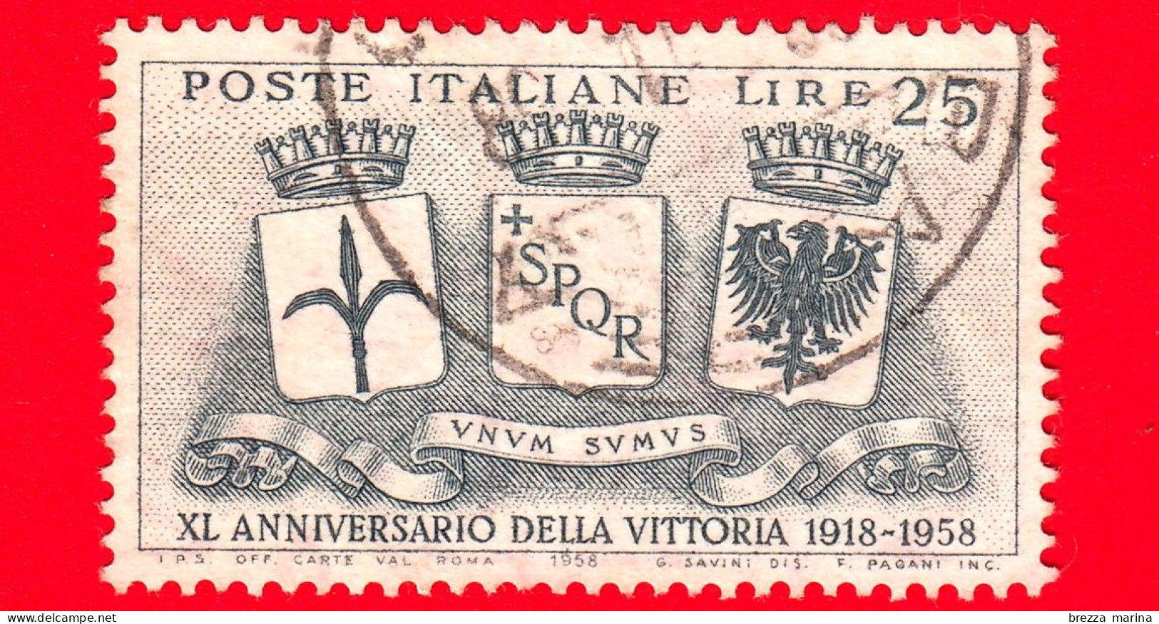 ITALIA - Usato - 1958 - 40º Anniversario Della Vittoria Nella Prima Guerra Mondiale - Stemmi Di Trieste, Roma - 25 L. - 1946-60: Usati