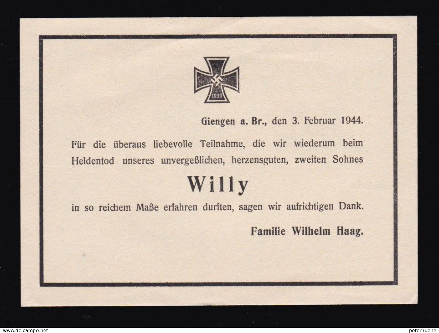 Drittes Reich. Danksagungskarte Heldentod Eines Soldaten. Giengen An Der Brenz, 3. Februar 1944. - 1939-45