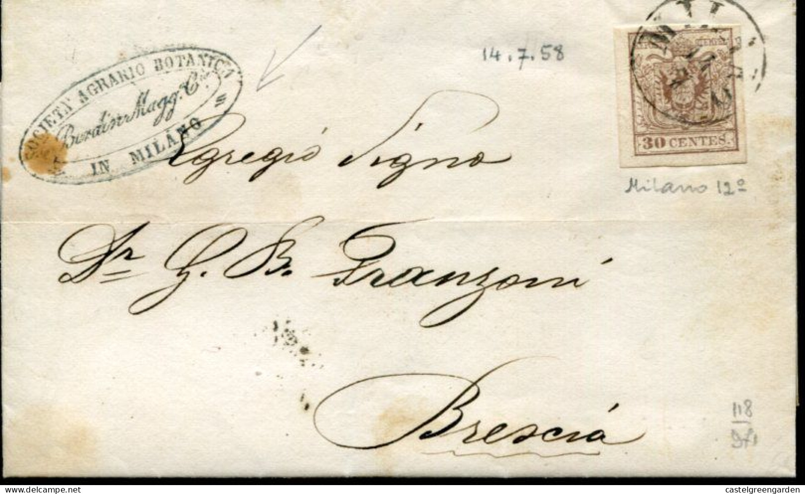 X0086 Lombardo Veneto,circuled Cover With 30ct. 1858 From Milano To Brescia  (see 2 Scan) - Lombardo-Veneto