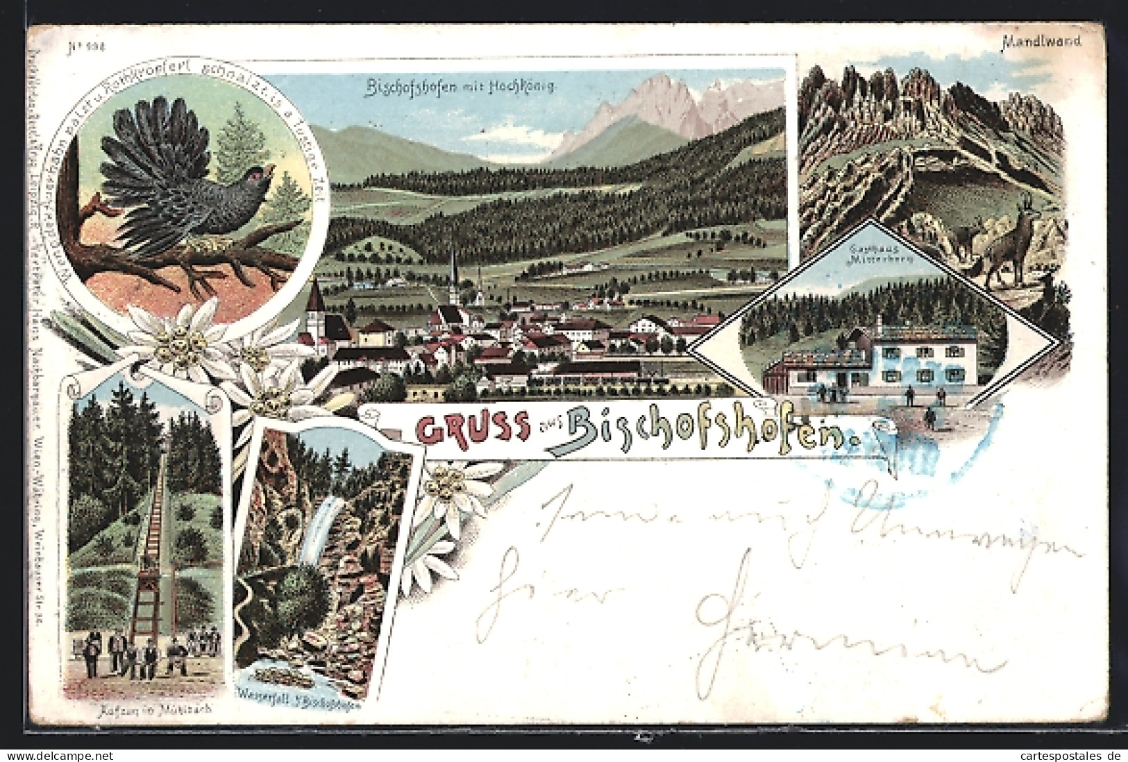 Lithographie Bischofshofen, Gasthaus Mitterberg, Mandlwand, Wasserfall, Aufzug In Mühlbach, Auerhahn, Ortsansicht  - Autres & Non Classés