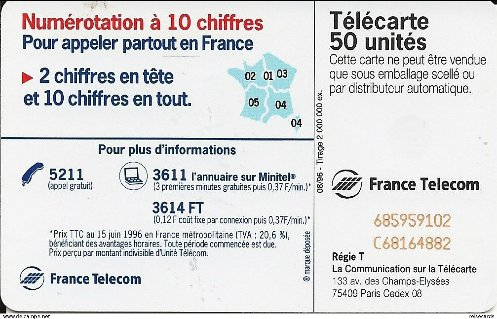 France: France Telecom 08/96 F688 Le 00 Remplace Le 19 - 1996