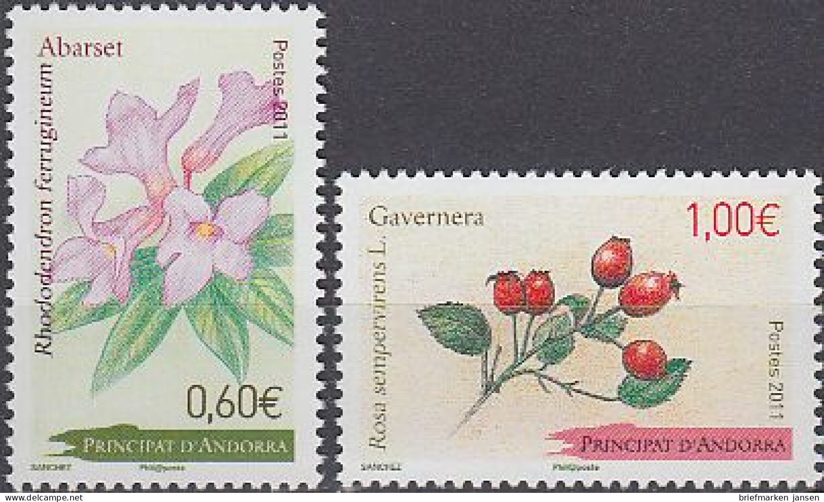 Andorra Franz Mi.Nr. 734-35 Pflanzen: Alpenrose, Immergrüne Rose (2 Werte) - Altri & Non Classificati