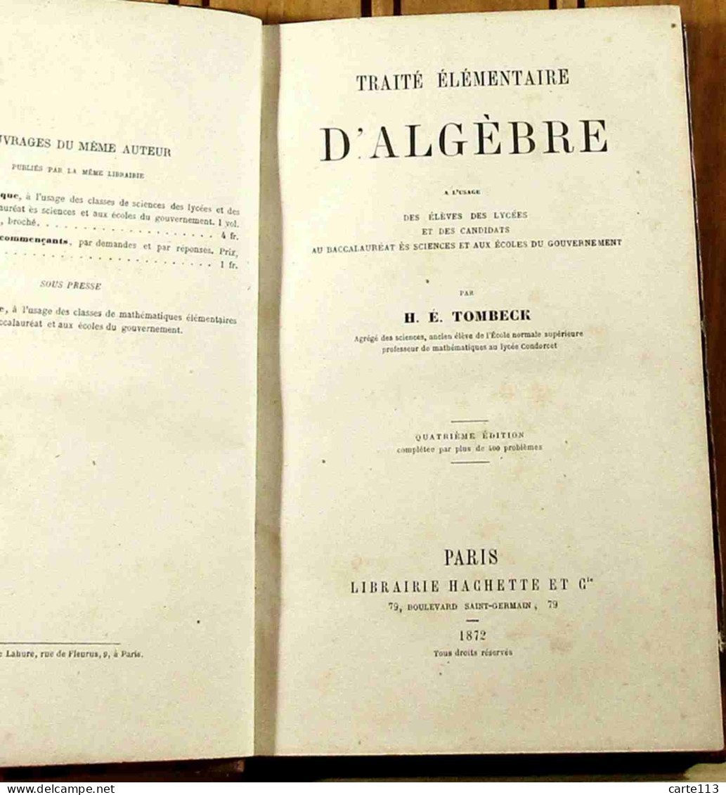 TOMBECK  - TRAITE ELEMENTAIRE D'ALGEBRE - 1801-1900