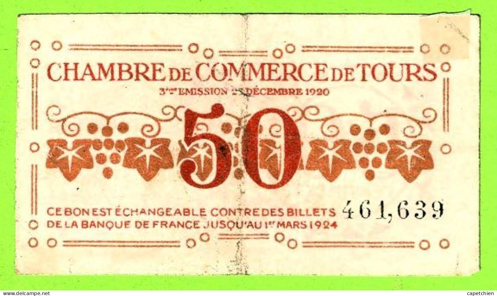 FRANCE / CHAMBRE De COMMERCE De TOURS / 50 CENTIMES/ 27 DECEMBRE 1920 / 461,639 / SERIE 3eme - Chambre De Commerce
