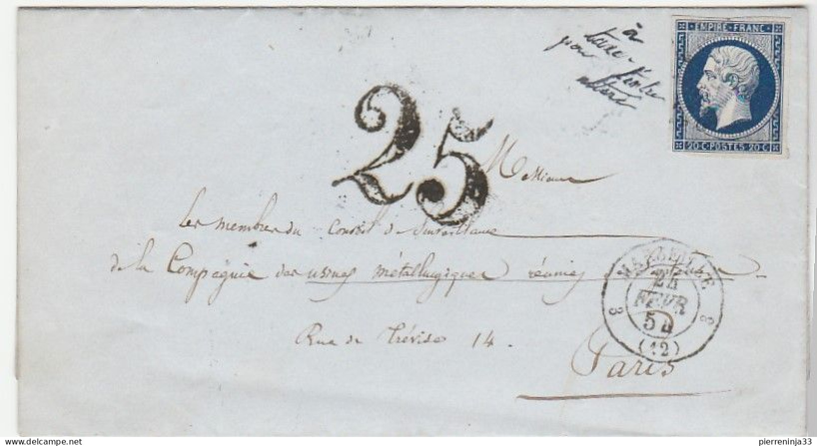 Lettre Avec Napoléon N°14 " à Taxer Pour Timbre (déjà) Oblitéré ", Taxe Double Trait 25, 1854, Marseille - 1853-1860 Napoleon III