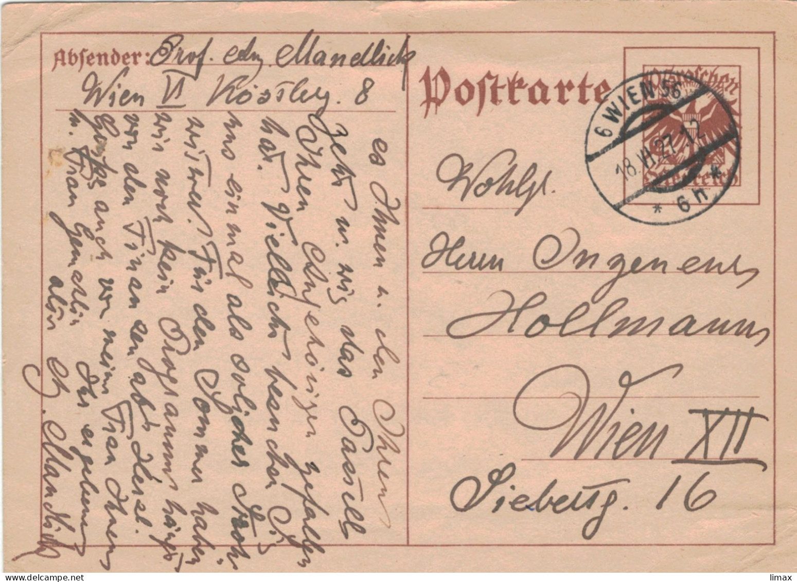 Prof. Mandlick Wien 1927 > Ing. Hollmann - Orts-Ganzsache - Lettres & Documents