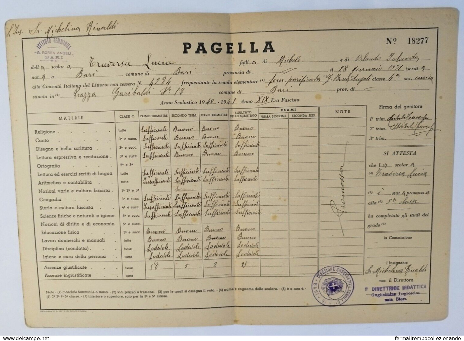 Bp50 Pagella Fascista Opera Balilla Palazzo E.nazionale  Napoli 1941 - Diploma & School Reports