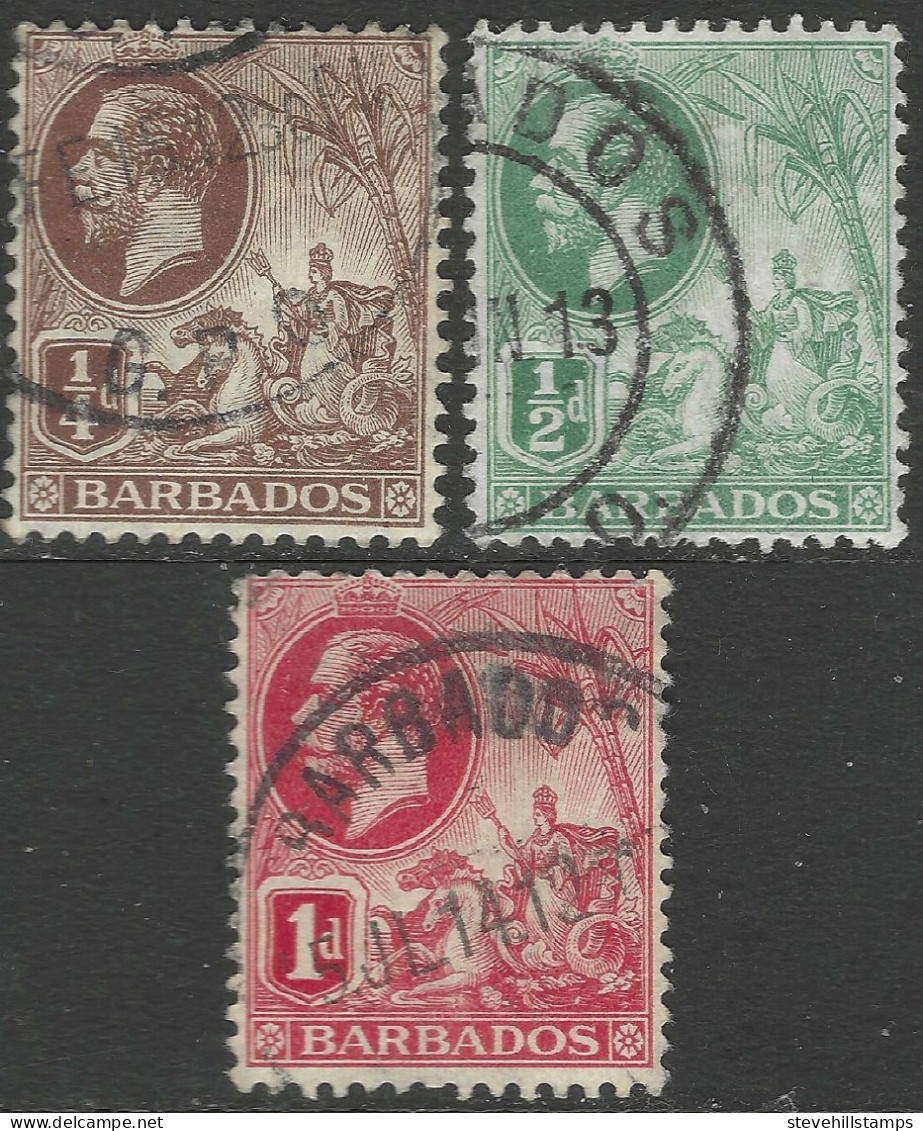 Barbados. 1912-16 KGV. ¼d, ½d, 1d.  Used. SG 170, 171, 172. M4075 - Barbados (...-1966)