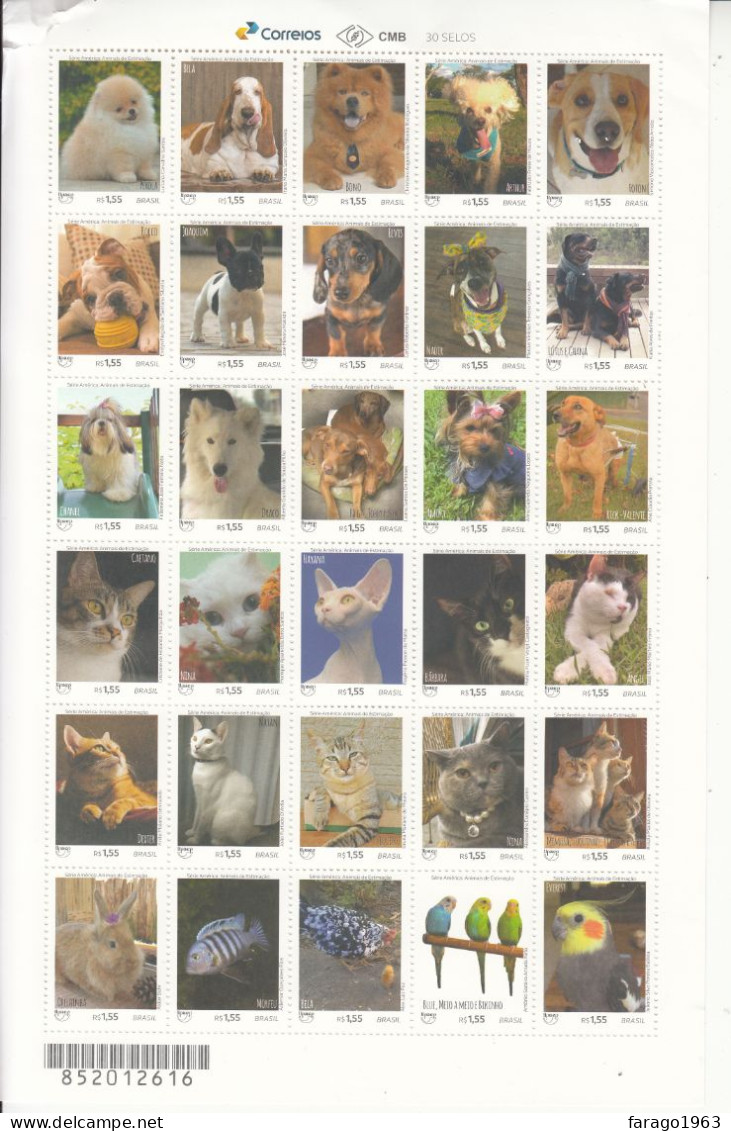 2018 Brazil Pets Dogs Chiens Cats Chats UPAEP Miniature Sheet Of 30 MNH *tear To Top Left Corne Stamps OK * - Nuovi