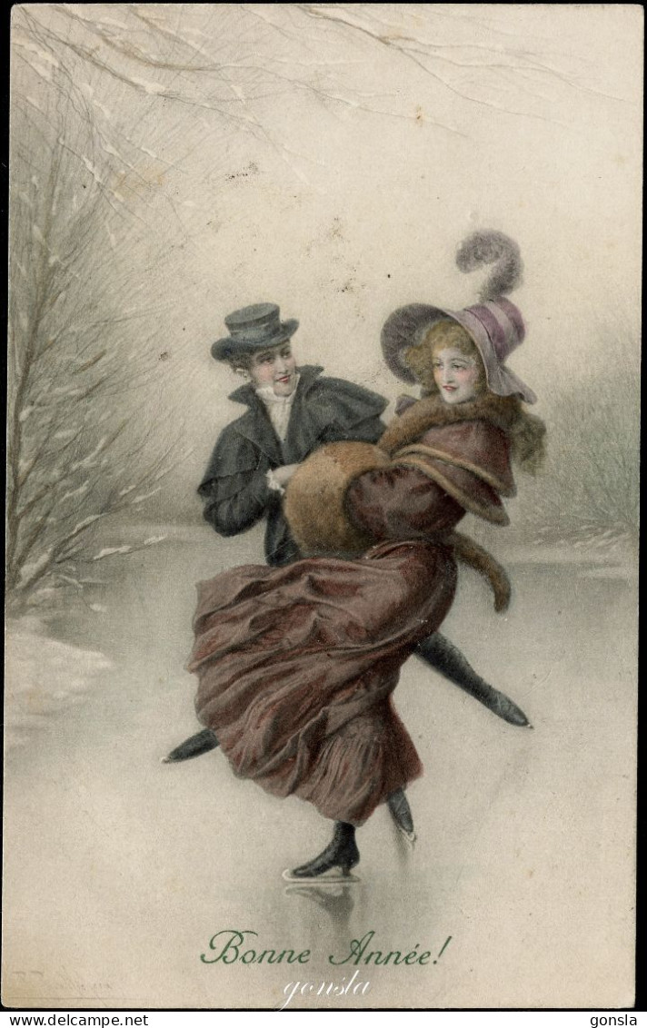 BONNE ANNÉE 1910 "Couple En Patins" - Anno Nuovo