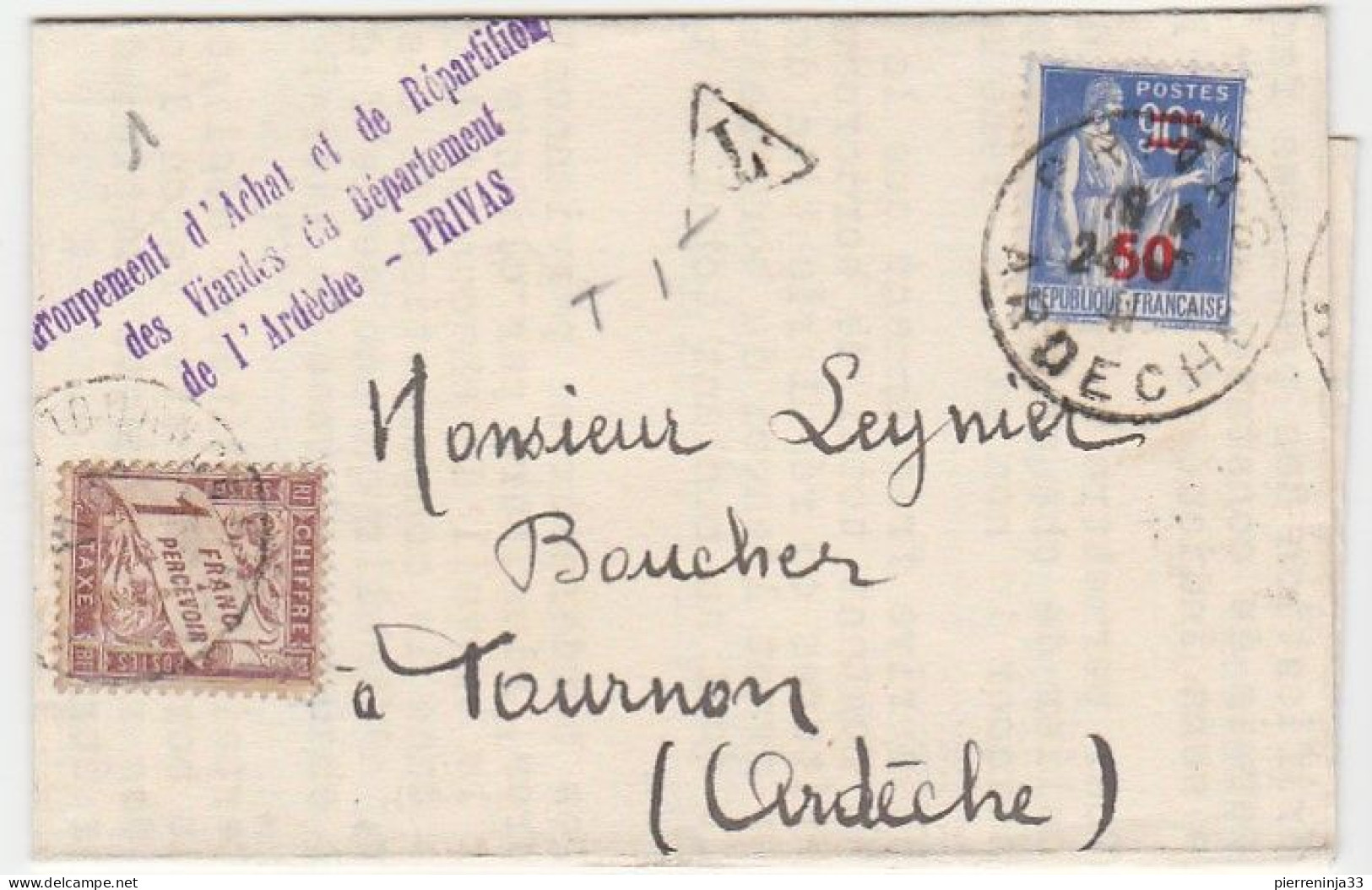 Lettre Avec Type Paix Surchargé, Cachet "T", Taxée, 1f Banderole - Lettres & Documents