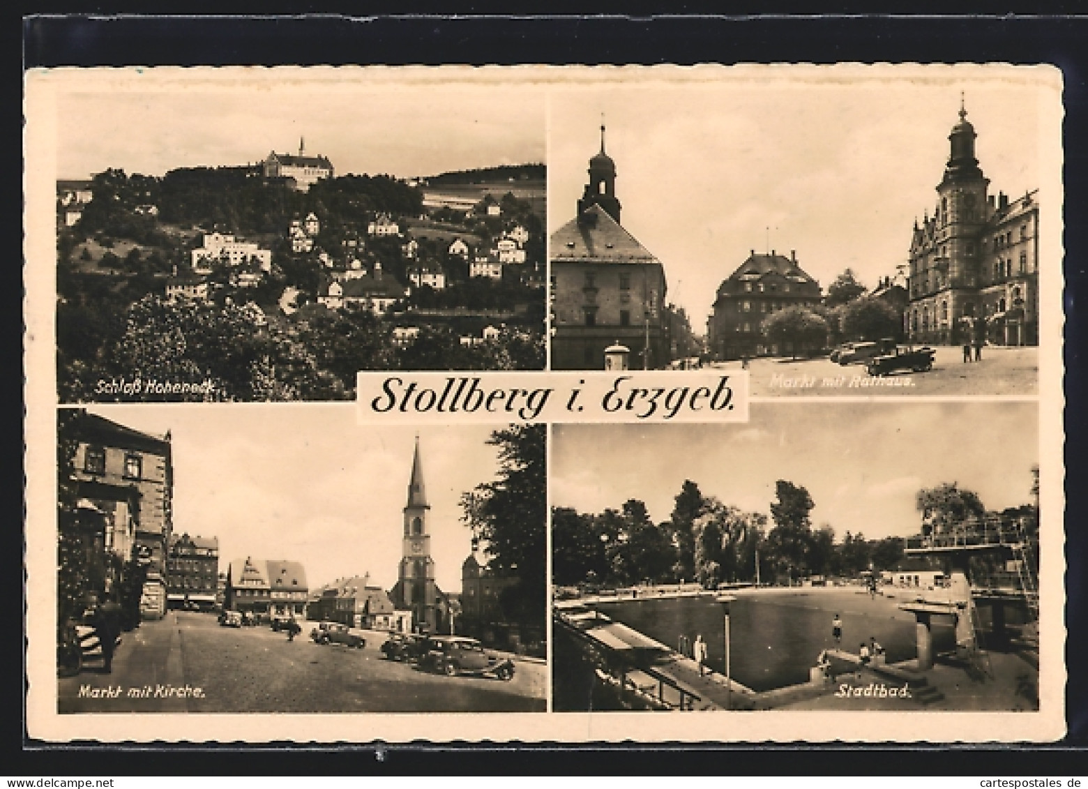 AK Stollberg / Erzgeb., Markt Mit Kirche, Markt Mit Rathaus, Stadtbad, Schloss Hoheneck  - Stollberg (Erzgeb.)