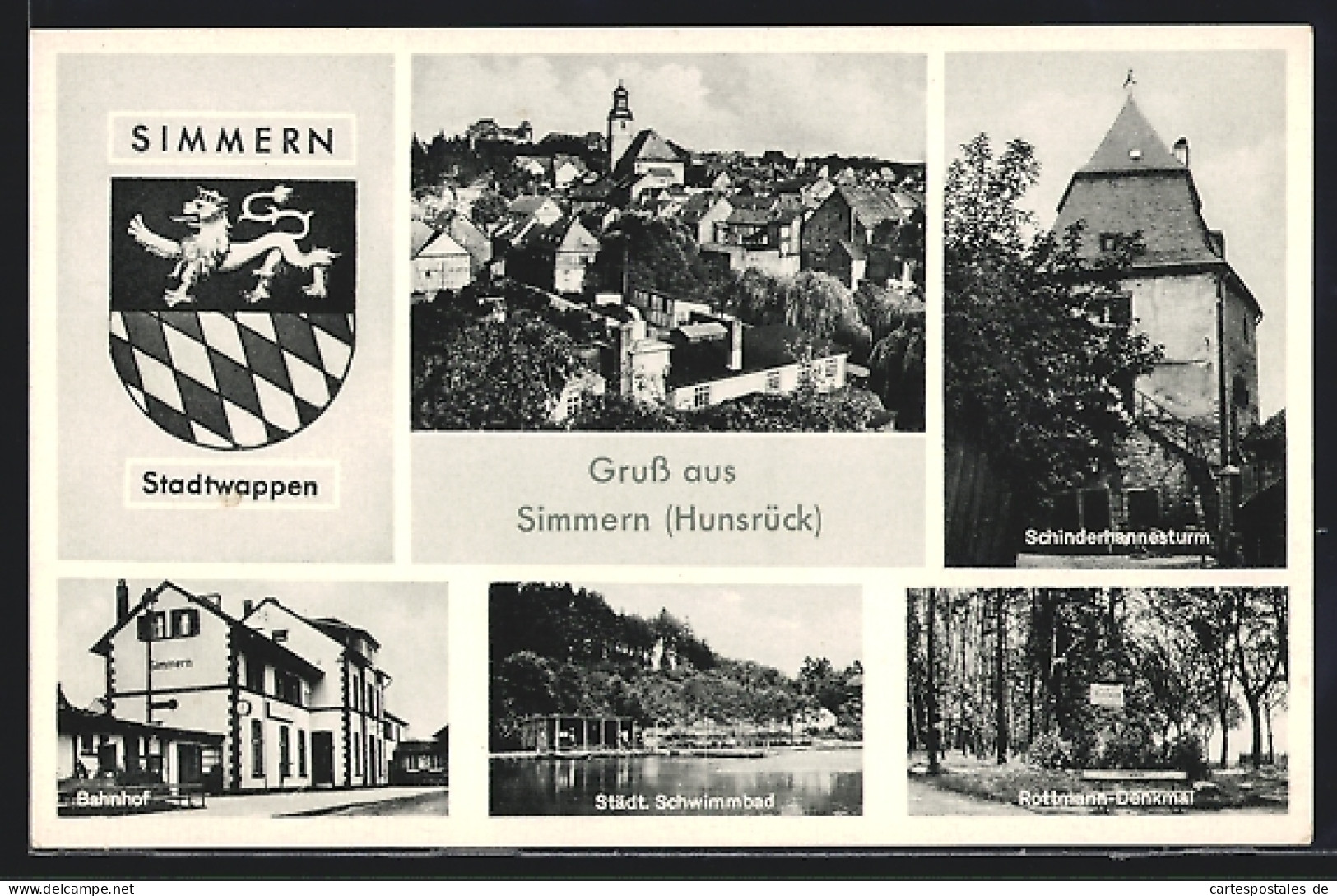 AK Simmern / Hunsrück, Schinderhannesturm, Bahnhof, Rottmann-Denkmal, Städtisches Schwimmbad, Wappen  - Simmern