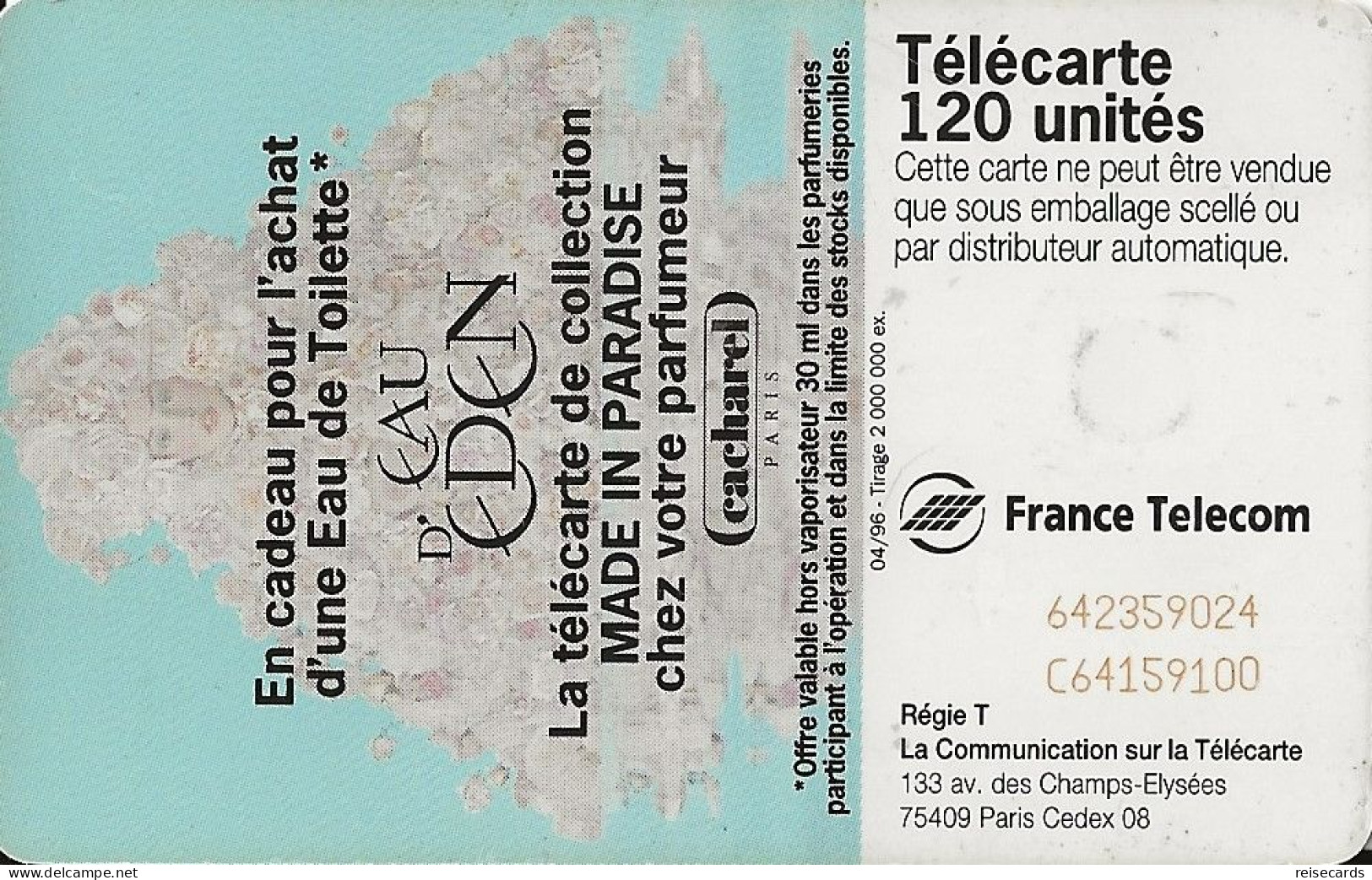 France: France Telecom 04/96 F642 Cacharel Eau D'Eden - 1996