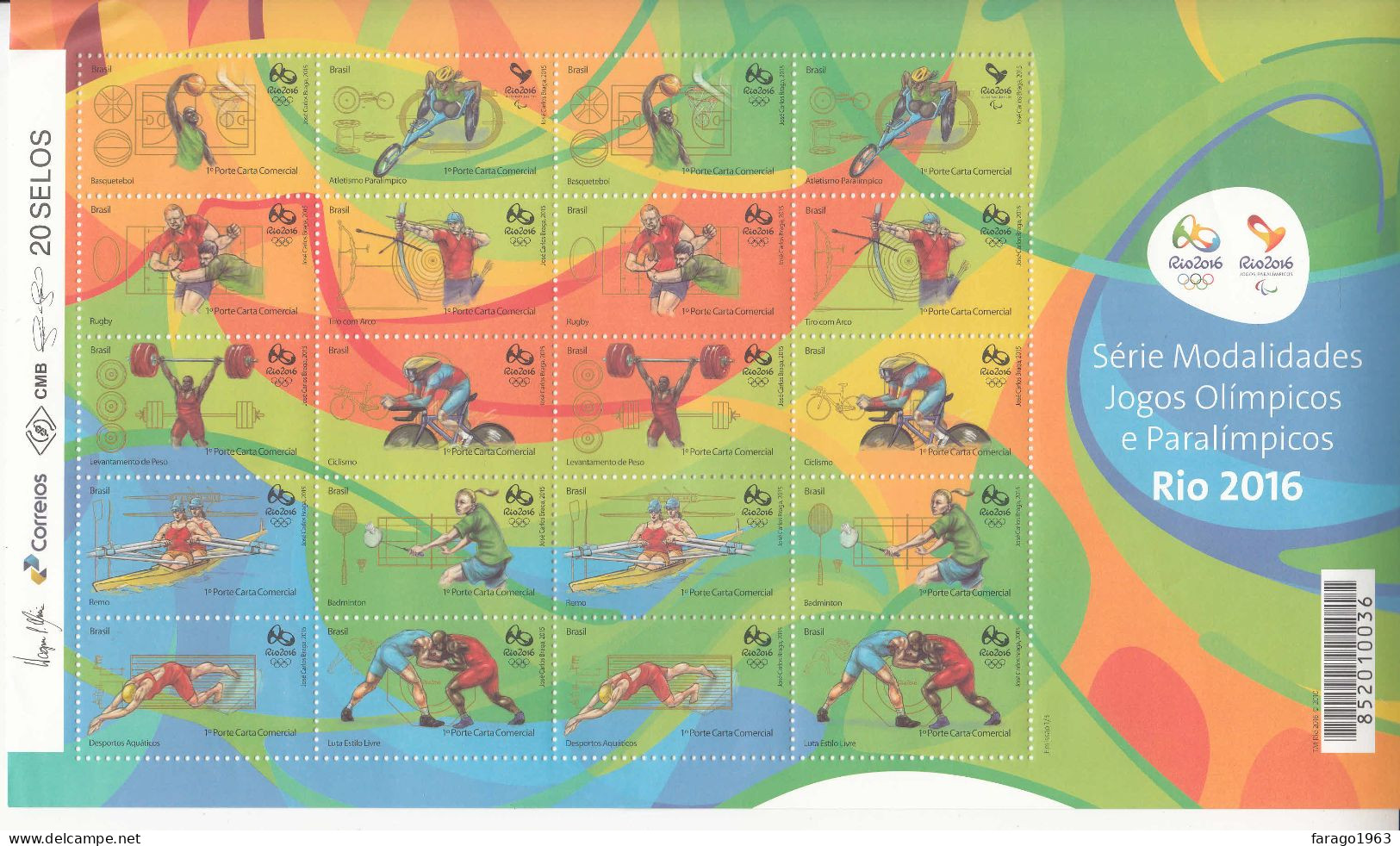 2015 Brazil Rio Olympics Basketball Cycling Rowing Weight Lifting M/sheet Of 20 MNH *crease Top Left Corner Stamps OK - Nuevos