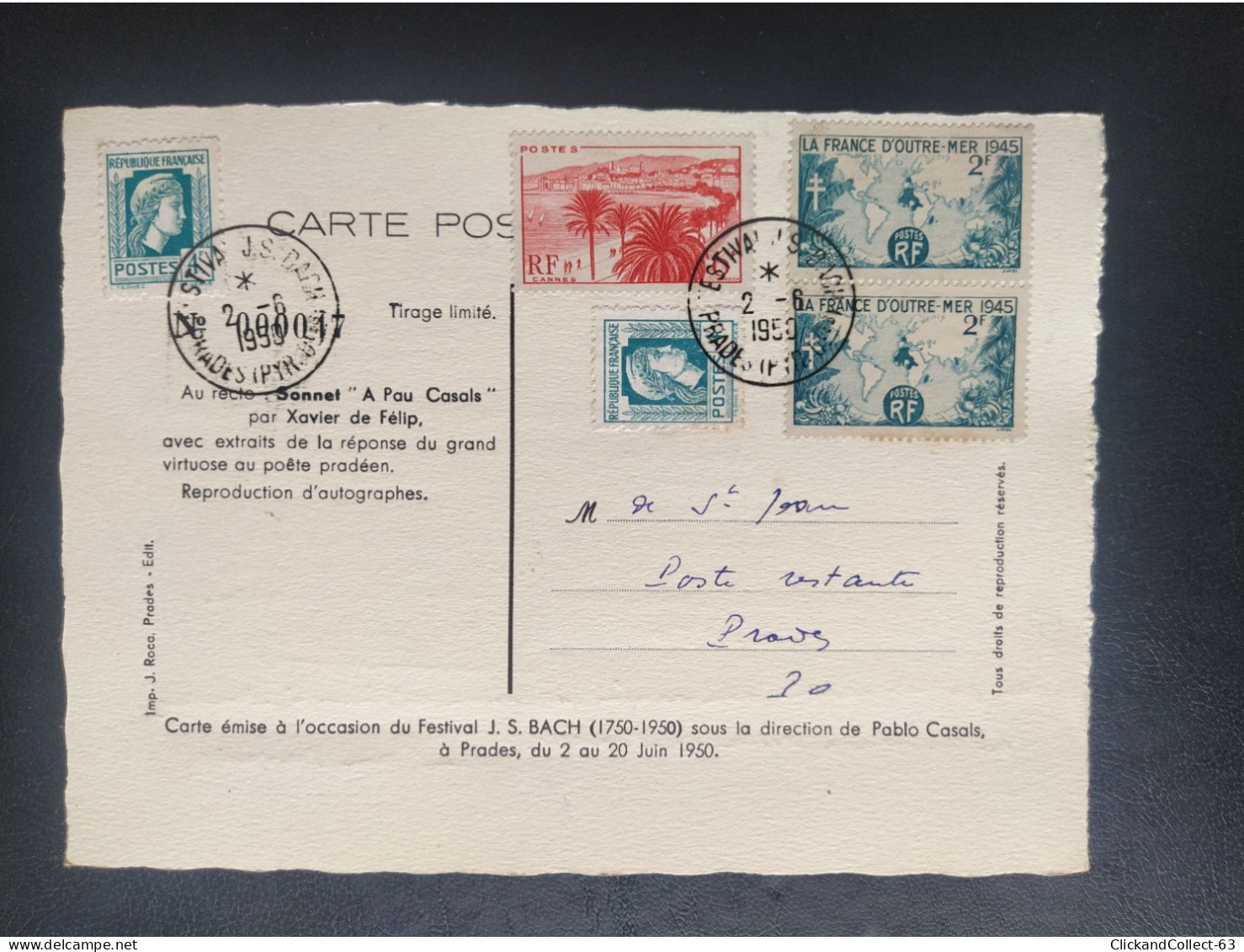 GD Carte Daguin Prades Festival J S Bach Juin 1950 Flamme Omec Exposition Philatelique - Used Stamps