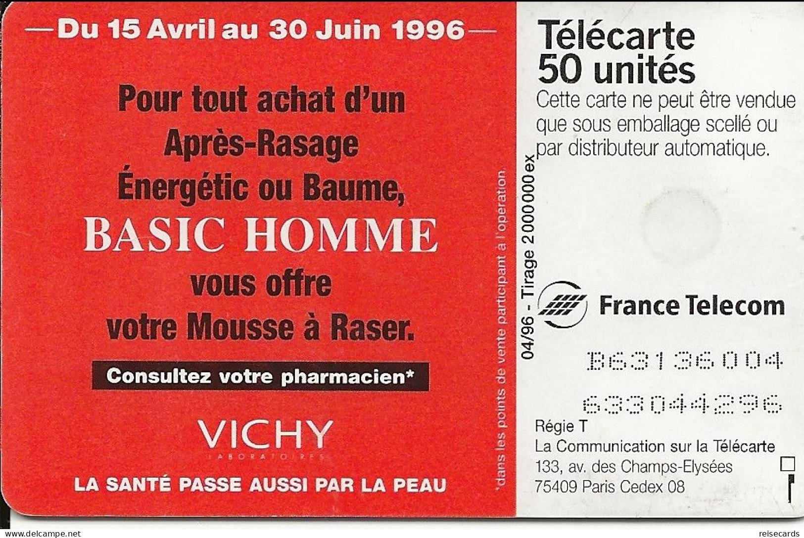 France: France Telecom 04/96 F636A Vichy, Basic Homme - 1996