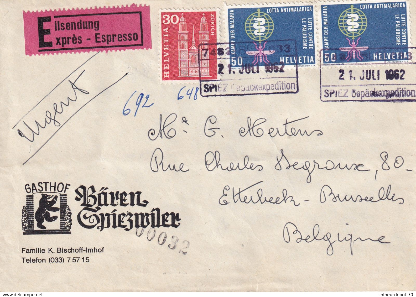 Helvetia Expres Espresso Gasthof Urgent Spiez Gepackexpedition 21 Juli 1962 - Storia Postale