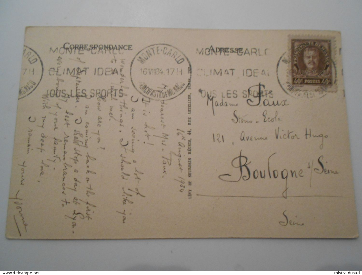 Monaco , çarte De Monte-çarlo  1934 Pour Boulogne Sur Seine - Cartas & Documentos