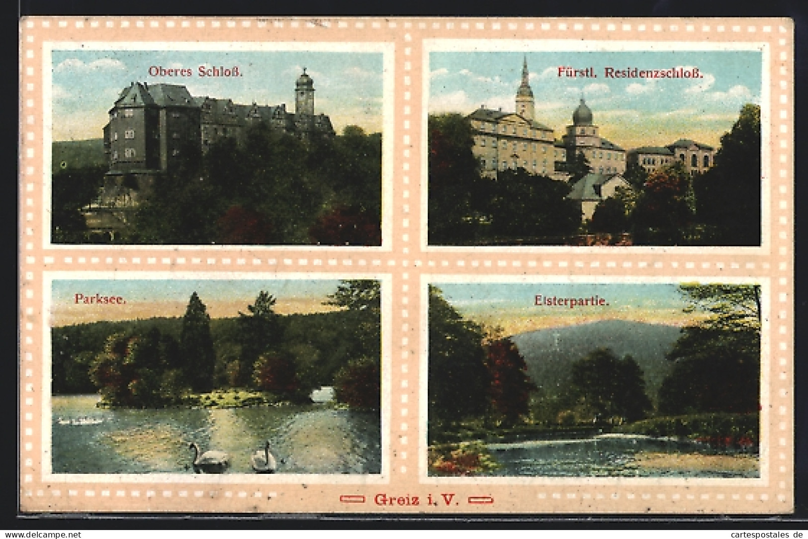 AK Greiz, Parksee, Elster & Weisses Kreuz, Oberes & Unteres Schloss  - Greiz