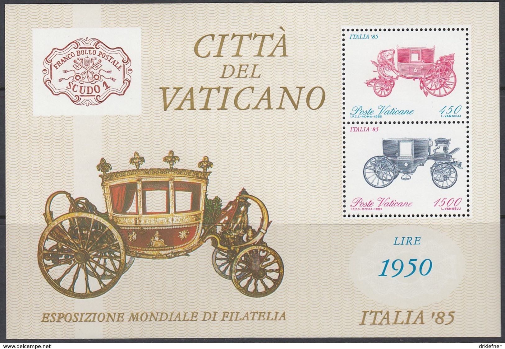 VATIKAN  Block 8, Postfrisch **, Internationale Briefmarkenausstellung ITALIA ’85, Reisekutschen - Blocchi E Foglietti