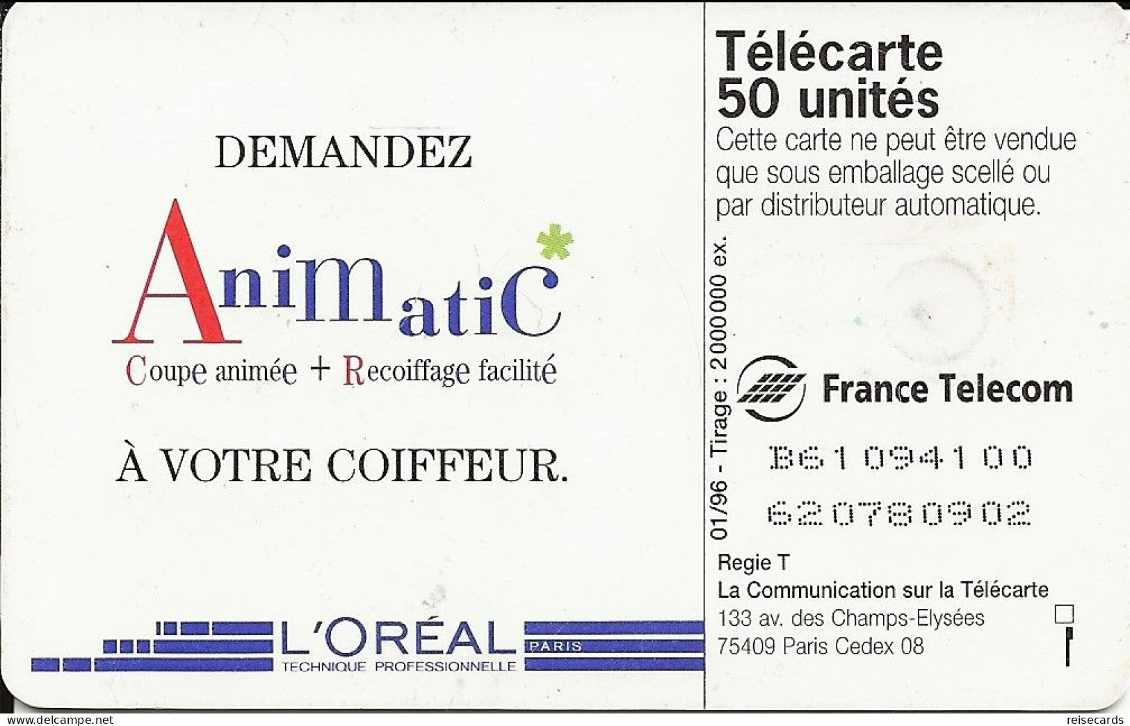 France: France Telecom 01/96 F620A L'oréal Animatic - 1996