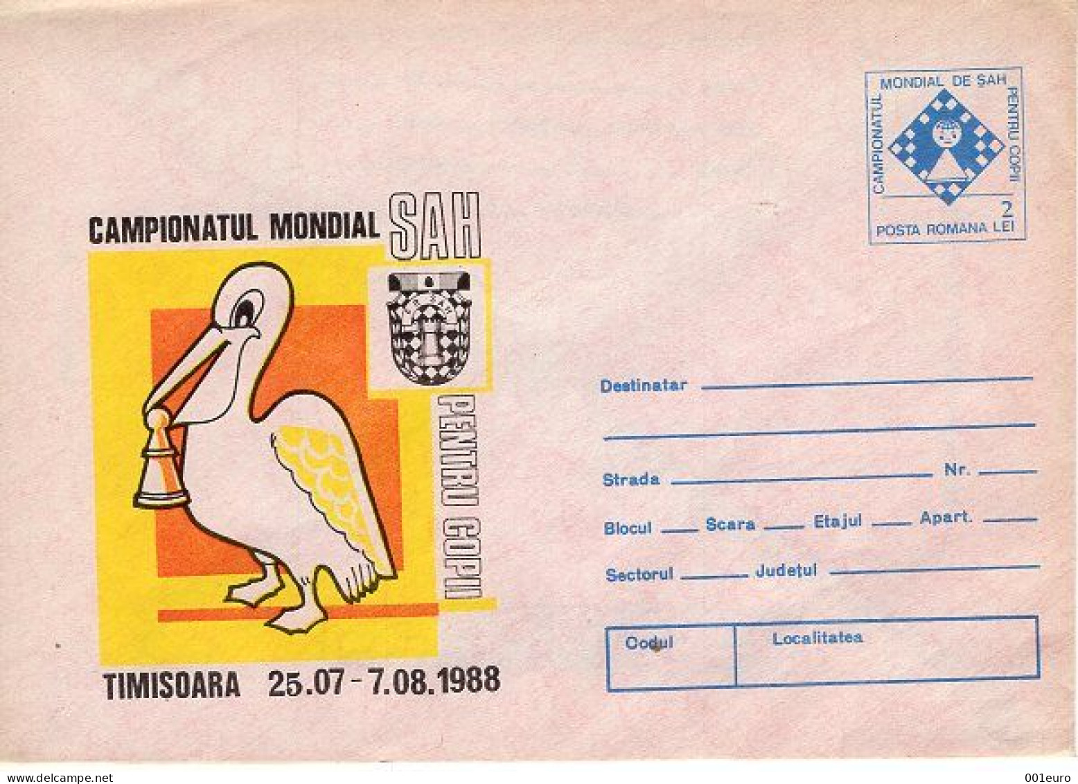 ROMANIA 106x1988: WORLD CHESS CHAMPIONSHIP FOR CHILDREN, Unused Prepaid Postal Stationery Cover - Registered Shipping! - Interi Postali